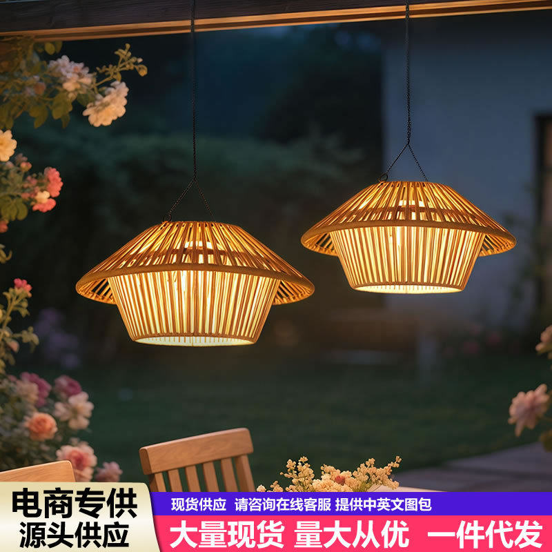 新款太阳能吊灯户外庭院挂树灯民宿别墅屋檐大门口藤编中式氛围