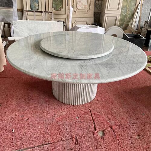 意大利欧式极简天然大理石餐桌现代别墅样板房西餐厅圆形双层餐桌