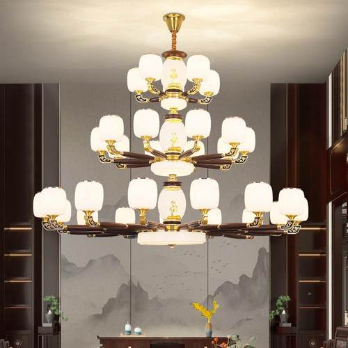 新别中式墅复式楼客厅灯中国吊810风跃空层旋转楼梯铜全实木中山