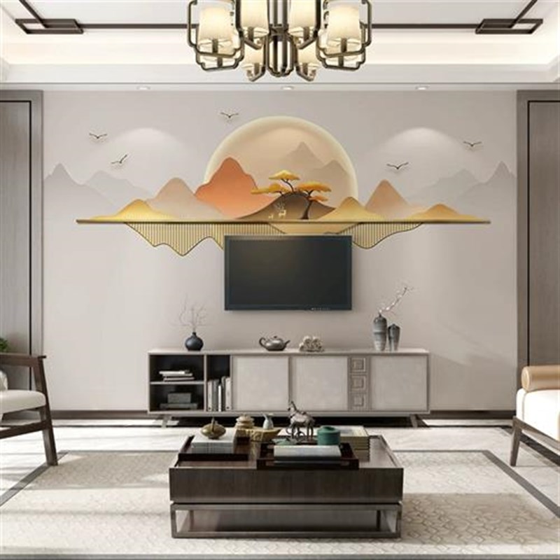 新中式蓝色水墨山水背景墙布意境客厅沙发K壁画带边框圆形卧室壁