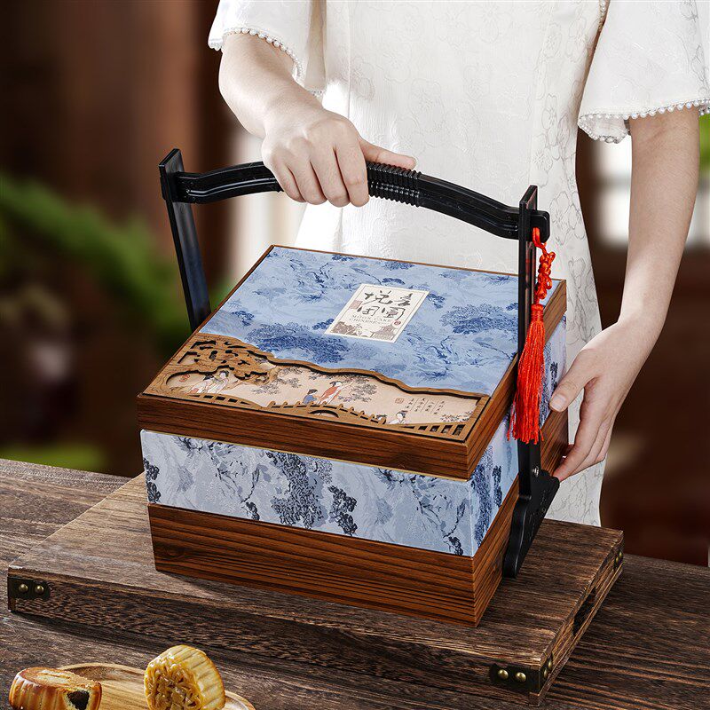 月饼包装盒空盒8粒10粒双层提篮月饼包装盒Q定制月饼盒现货加印