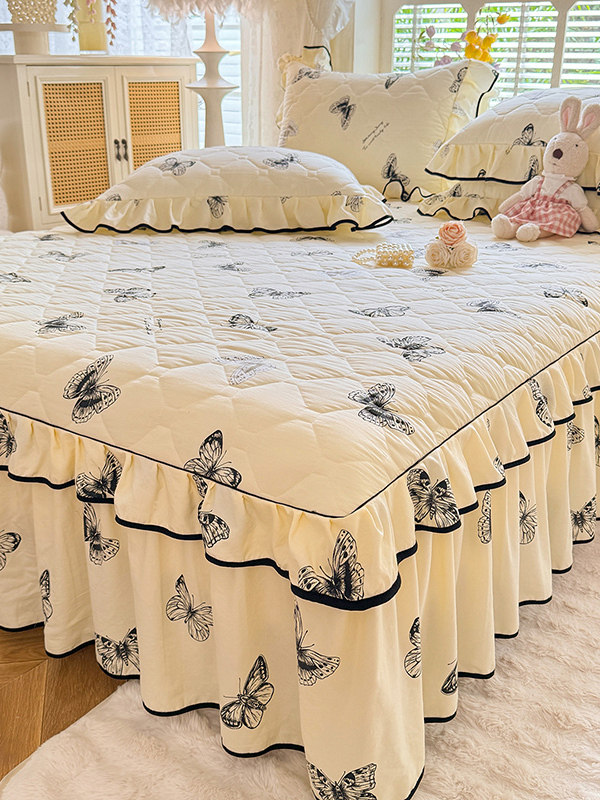 新品加厚夹棉床裙单件韩版床盖防滑罩纯棉全棉三件套花边遮丑下摆