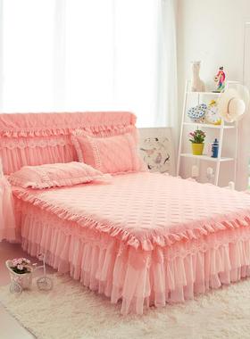 式RI0件T韩床裙三套加棉床罩头罩加厚夹棉床公主风蕾丝花边粉9706
