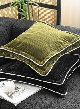 法轻TAX奢式复苔藓绿古抱枕套沙发靠垫黑丝绒双层飞边靠风枕中古
