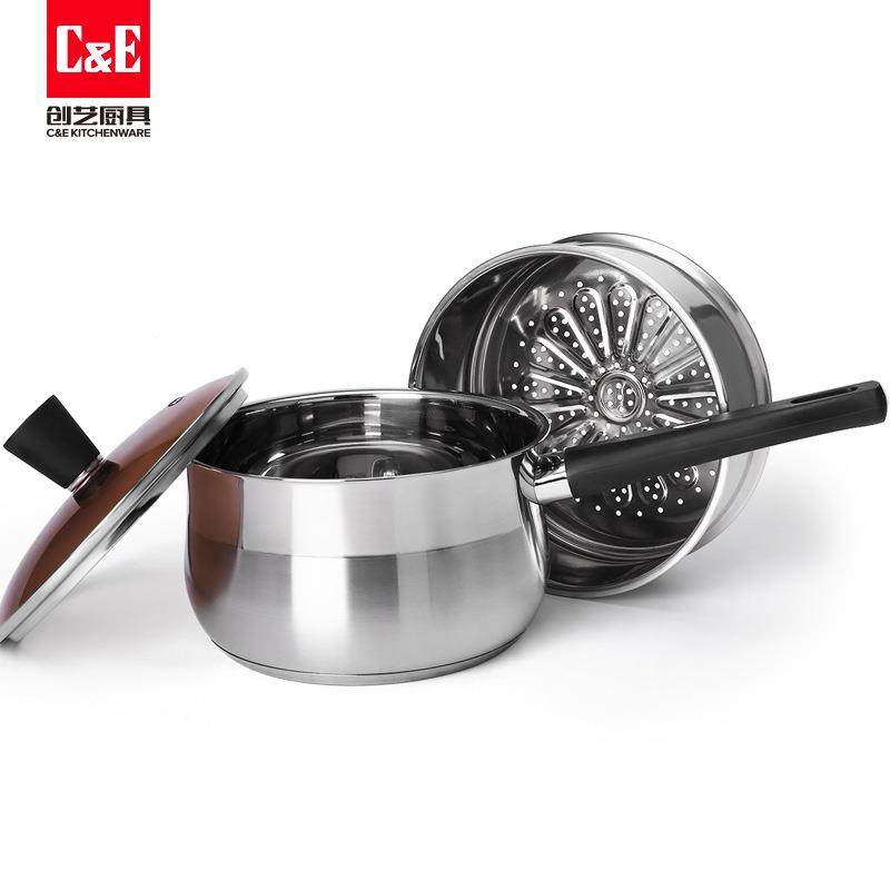 C&E创18cm艺不锈锅钢房奶锅带品蒸笼不粘辅食锅无涂层食级复底厨