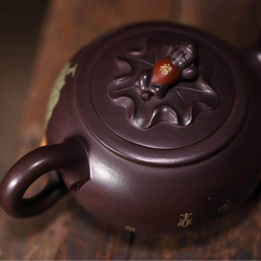 宜兴紫壶3茶具茶道名家茶纯手工泥绘文玩器砂原老矿紫泥荷叶童子