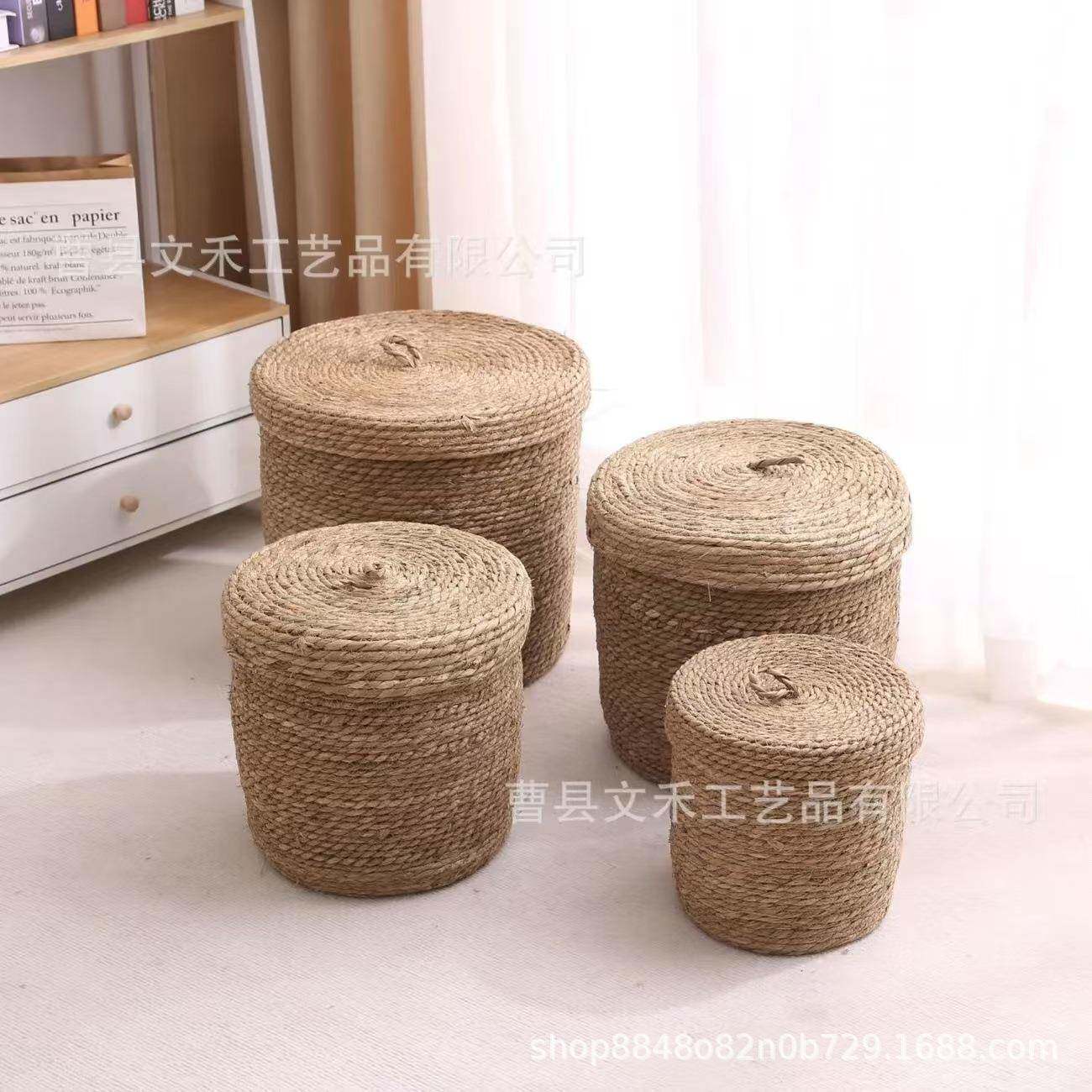 现代简约藤编脏衣篮筐手工编多规格杂物整理带N45织多功能收盖纳