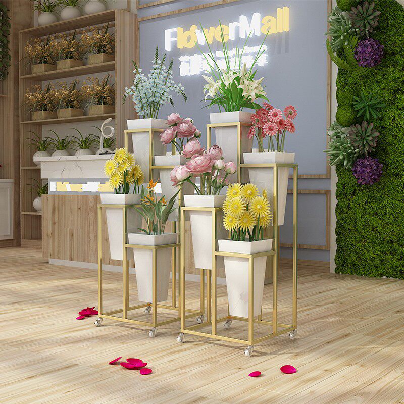 花店花架子组合阶梯式可移动鲜花塑料花桶架轻奢铁艺万向轮展示架