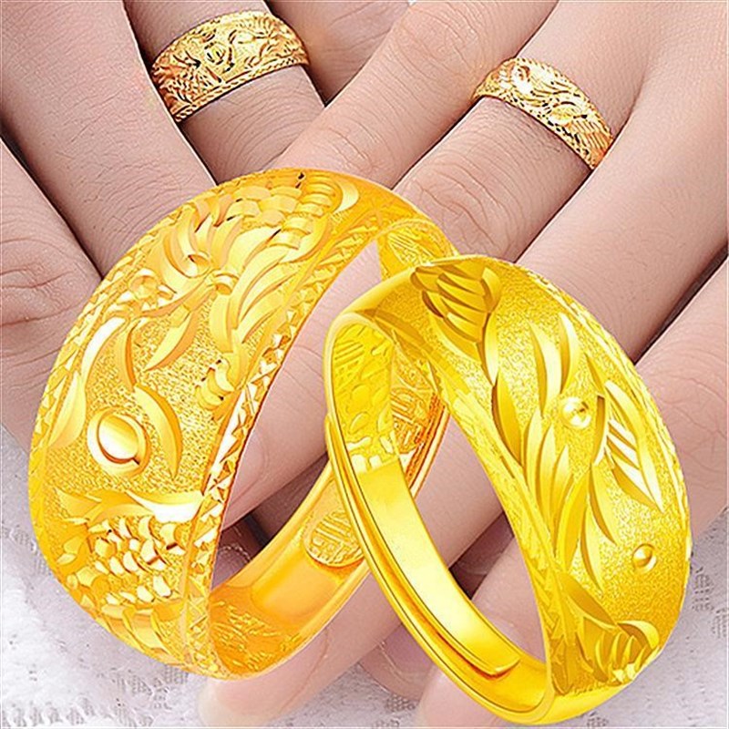 香港免税真金色龙凤情侣戒指对戒光滑指P环复古金男女金戒指