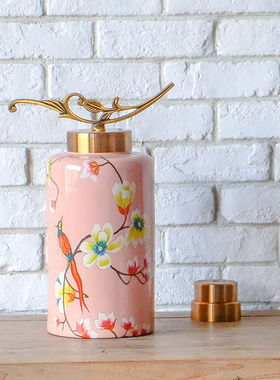 新中式金属盖h花鸟装饰储物罐 欧式新古典玄关柜创意软装陶瓷摆件