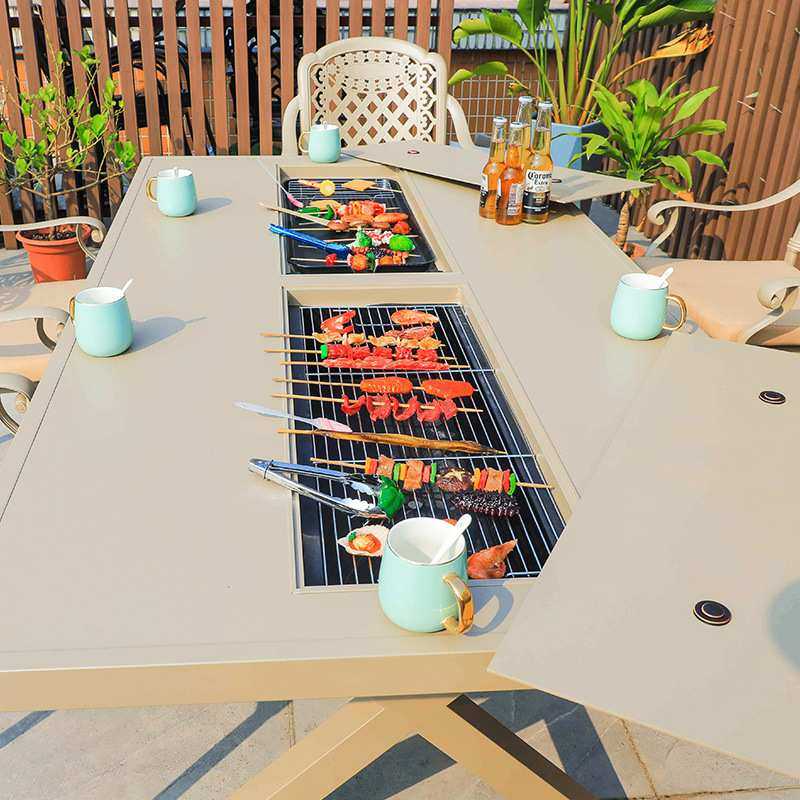 户外烧烤桌椅工程 铸铝铝合金桌椅别墅休闲商用家具烧烤餐桌椅