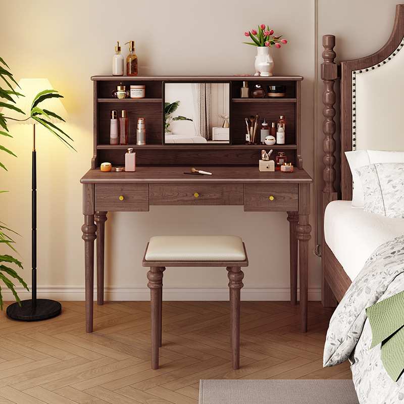 法式简约卧室化妆桌组合多更能储物收纳妆台高级中古风实木梳妆台