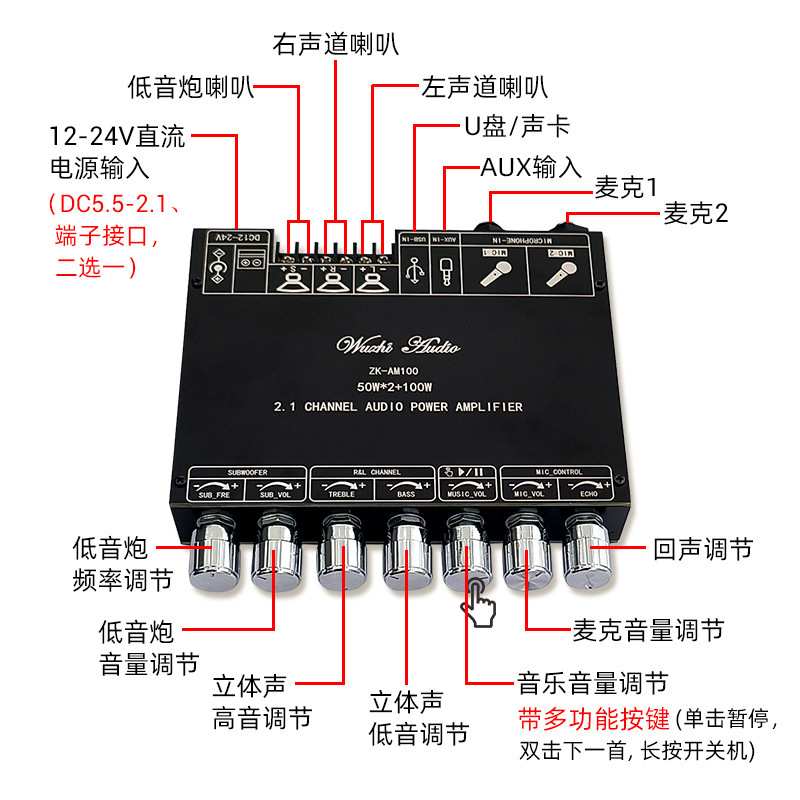 ZK-AM100 大功率KTV话筒音响一体机2.1声道蓝牙功放板50+50+100W