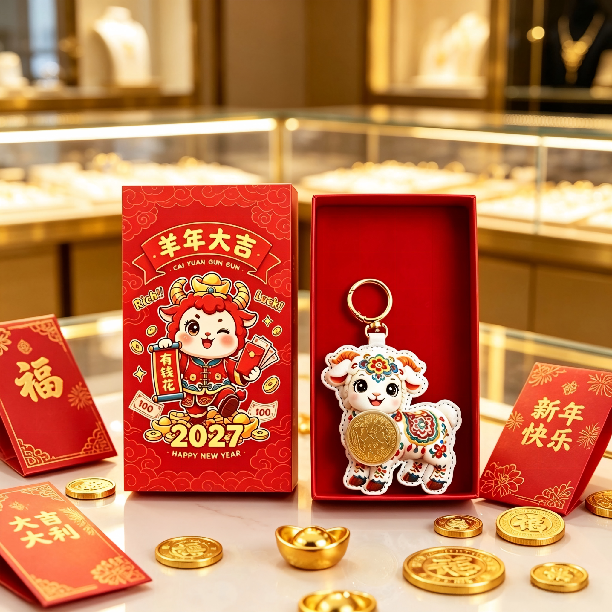 2027招财生肖羊羊得亿小羊皮挂件新年送礼高端金羊钥匙扣节日礼物