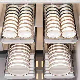 不锈钢厨房碗盘架抽拉碗碟收纳架橱柜拉篮抽屉式盘子沥水置物架