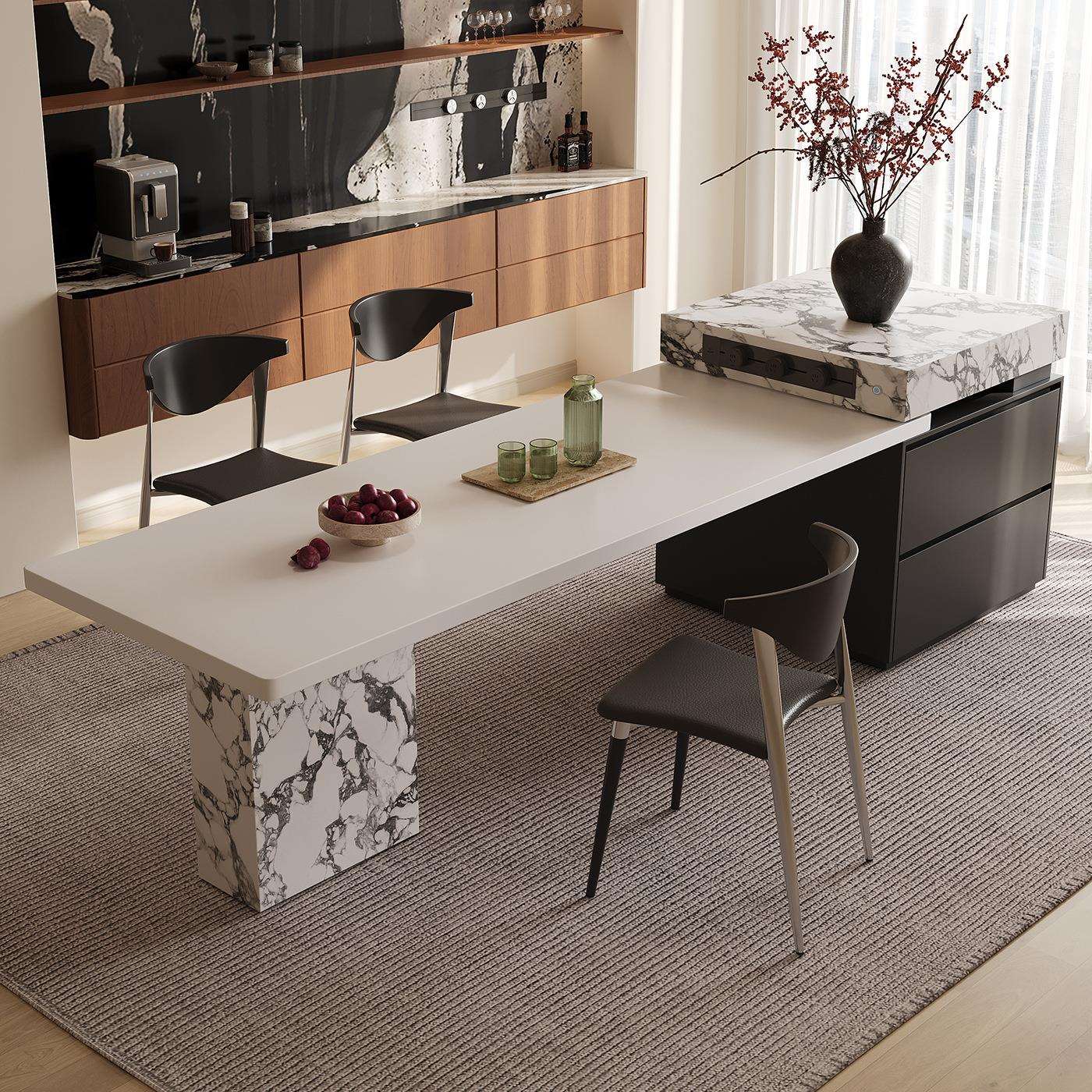 复古风宝格岩板岛台餐桌一体可伸缩大户型开放式厨房餐厅中岛台