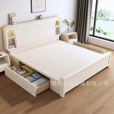 现代简约米白色实木床2带储物风大床x2主卧双人床北欧奶油米2客厅