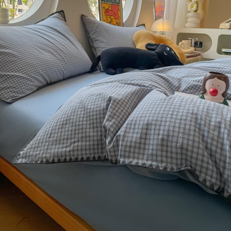 北欧风全棉色织水洗棉贝壳边四件套纯棉格子条纹简约床上三件套
