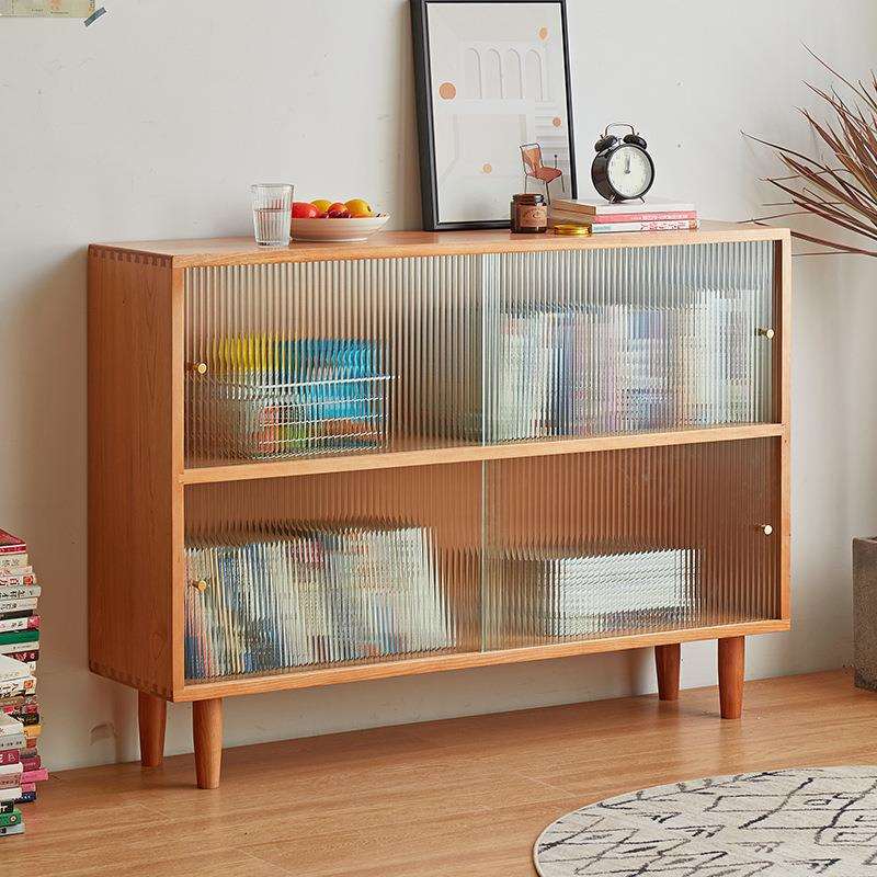 北欧实木落地收纳柜日式樱桃玻璃门矮书架现代简约书房儿童小边柜