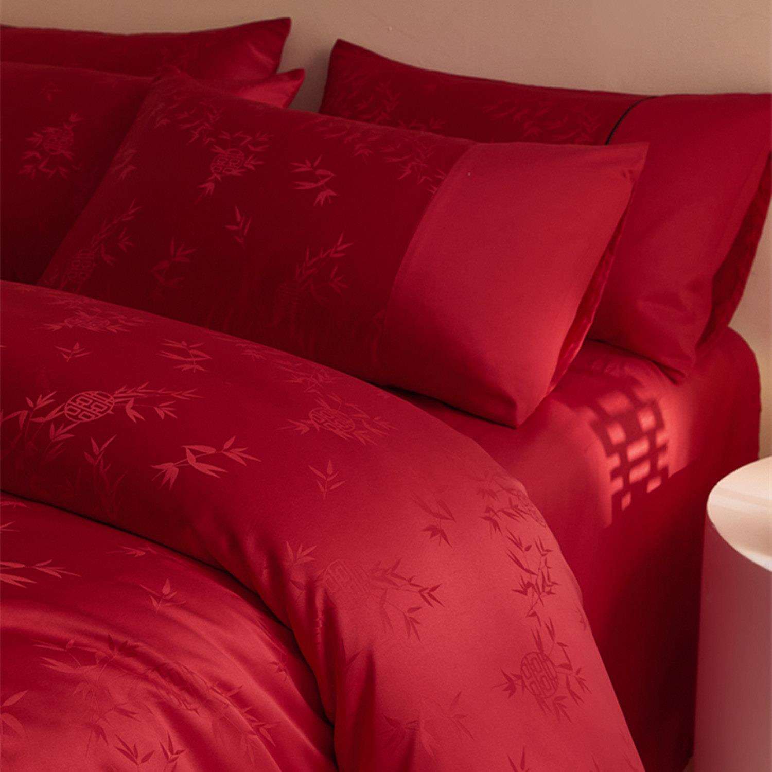 高档提花婚庆四件套红色结婚被套纯棉床单床笠新婚嫁喜被床上用品