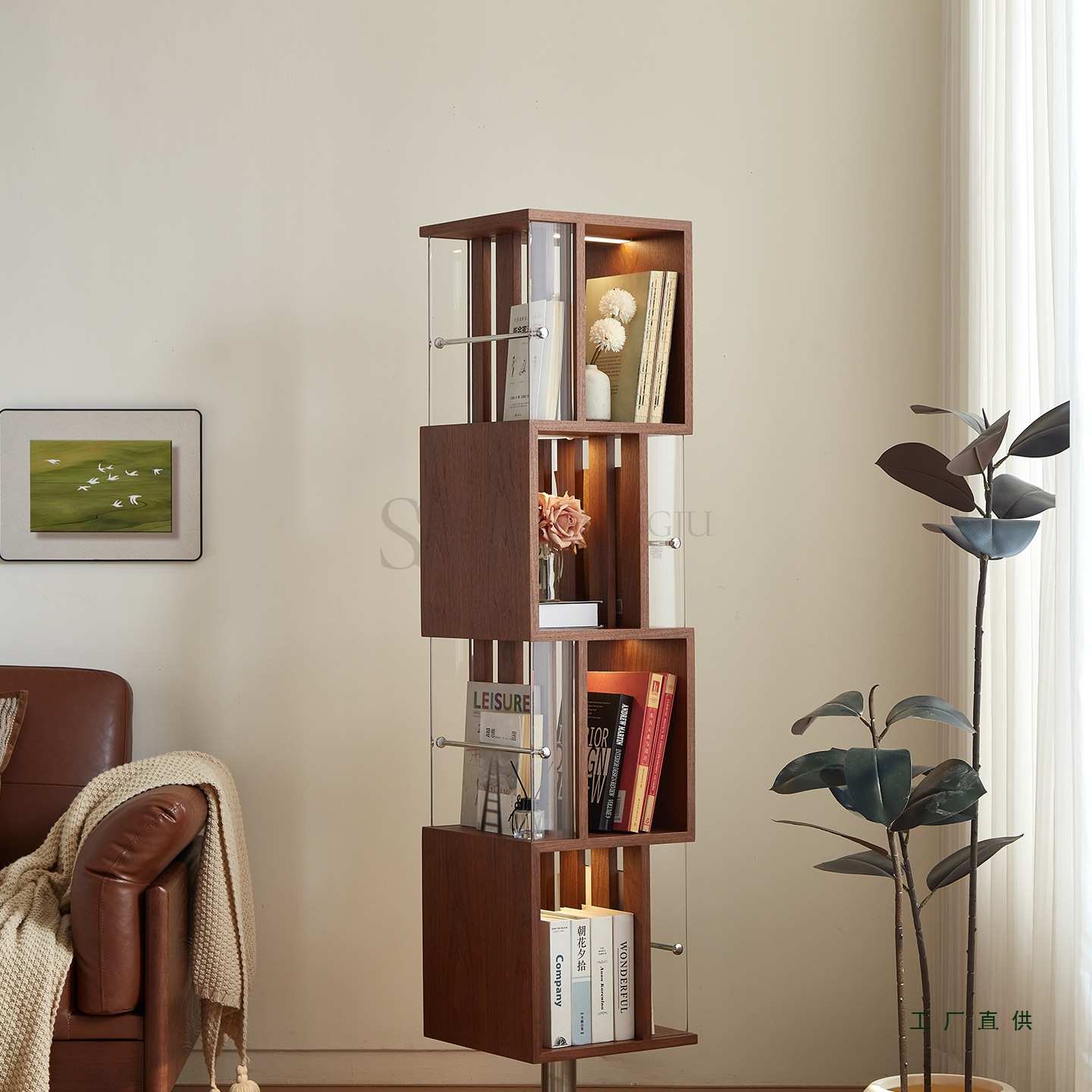 旋转书架中古风书报架带氛围灯展示柜实木杂志架置物落地复古书柜