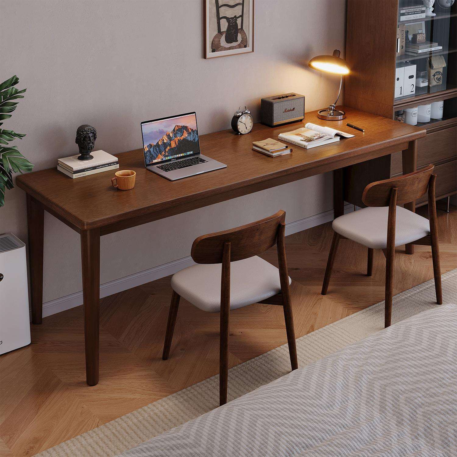 全实木靠墙窄书桌双人长条学习桌家用学生写字桌子工作台式电脑桌