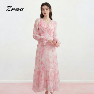 ZRAU法式桑蚕丝100%荷叶边设计V领连衣裙2026夏季新款浪漫中长裙