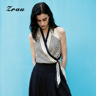 ZRAU【商场同款】桑蚕丝100%黑白条纹V领上衣2026夏季新款背心