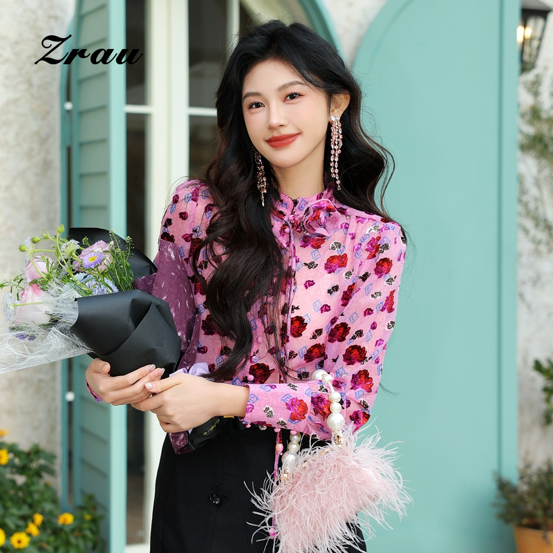 ZRAU精致洋气通勤上衣2025春夏新款玫瑰花装饰印花气质衬衫女