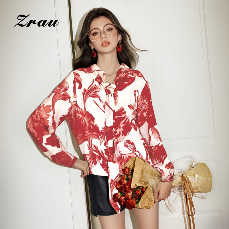 ZRAU【商场同款】桑蚕丝100%蝴蝶结绑带衬衫2026春季新款印花衬衣