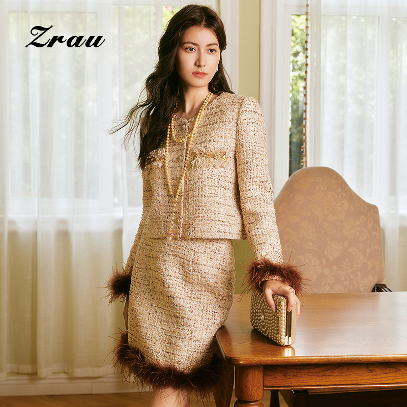 驼鸟毛袖领小香风外套