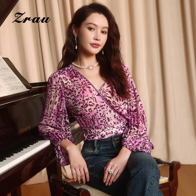 ZRAU法式优雅印花时尚雪纺衫2025秋季绑带新款显瘦V领上衣女