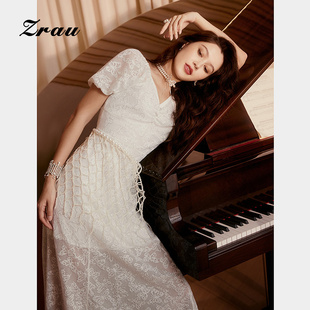 ZRAU【商场同款】小清新V领时尚中长裙2025秋季新款泡泡袖连衣裙