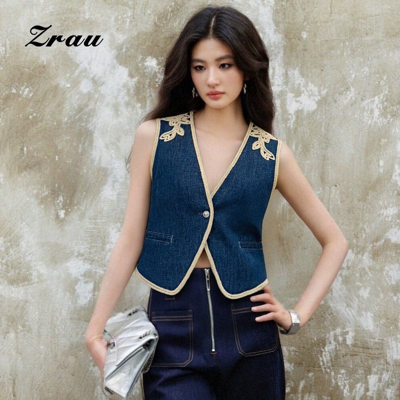ZRAU复古时尚简约无袖马甲2026春季新款刺绣印花牛仔短款外套,女装/女士精品,短外套,淘宝优惠券,粉丝福利购,淘宝优惠卷