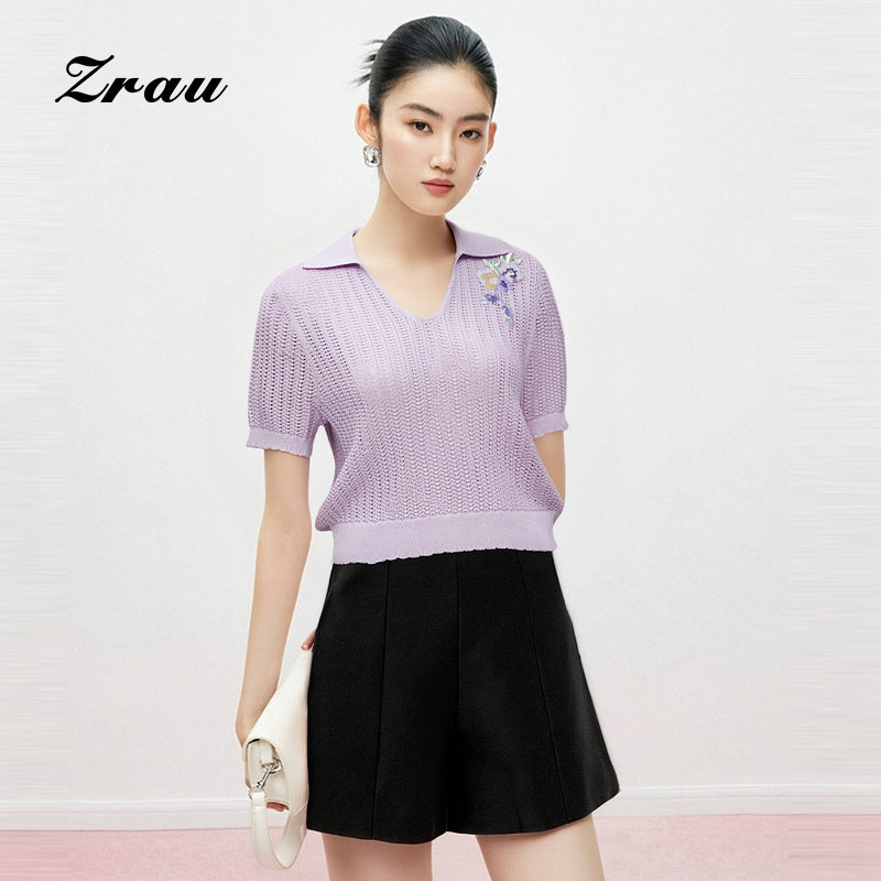 ZRAU温柔通勤修身显瘦毛衫2026春季新款V领镂空亮片设计针织套衫