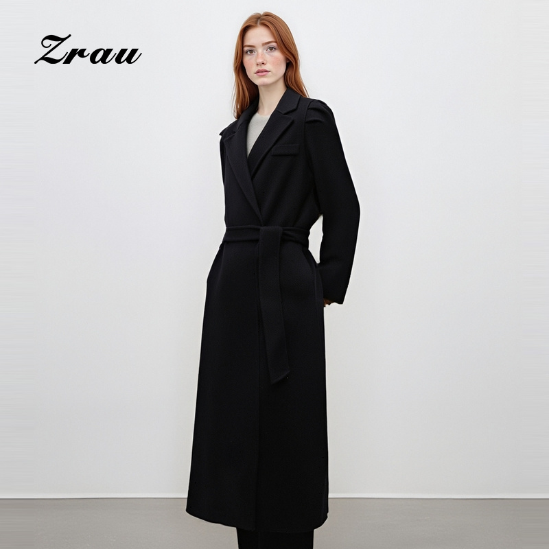 收腰绑带中长款双面呢外套