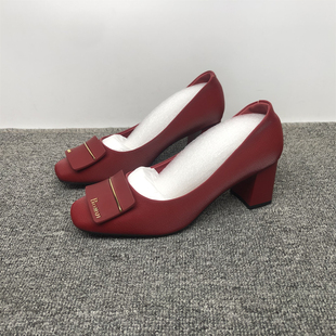 气质简约 36码 品牌撤柜时尚 女鞋 丝绸皮浅口方头粗跟中跟通勤工作鞋
