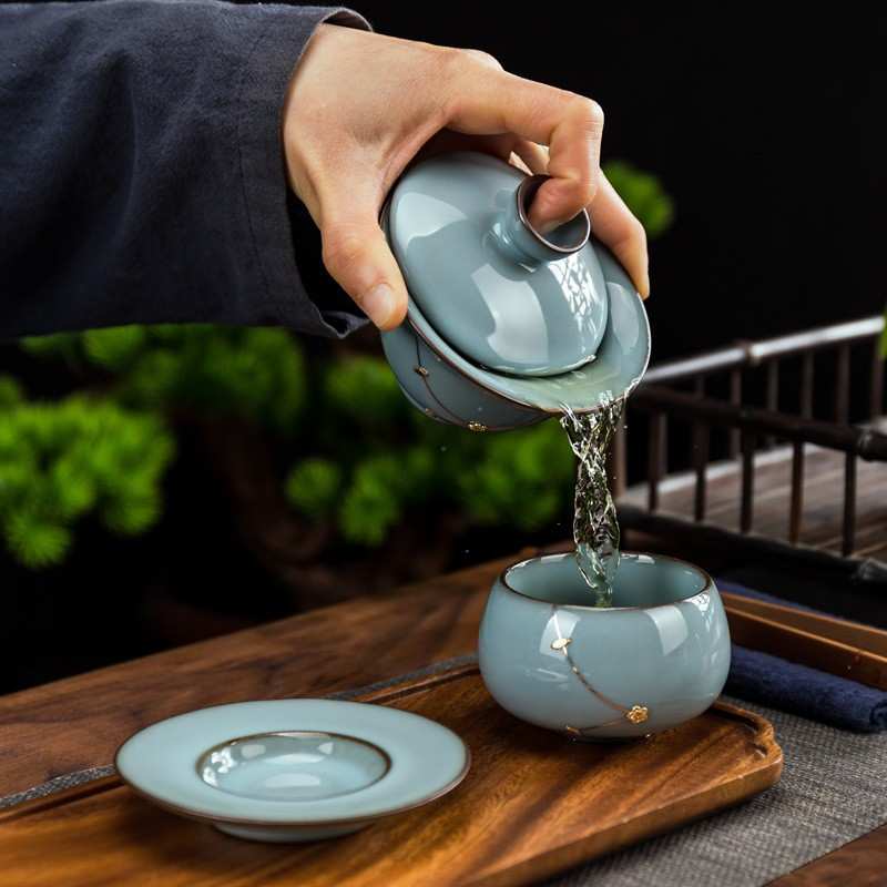 锔钉茶壶汝窑一壶二杯功夫泡茶壶茶杯茶具小套装盖碗复古陶瓷补钉