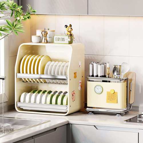 厨房台面碗架收纳柜家用双层半斜面放餐具装碗碟带沥水托盘置物架