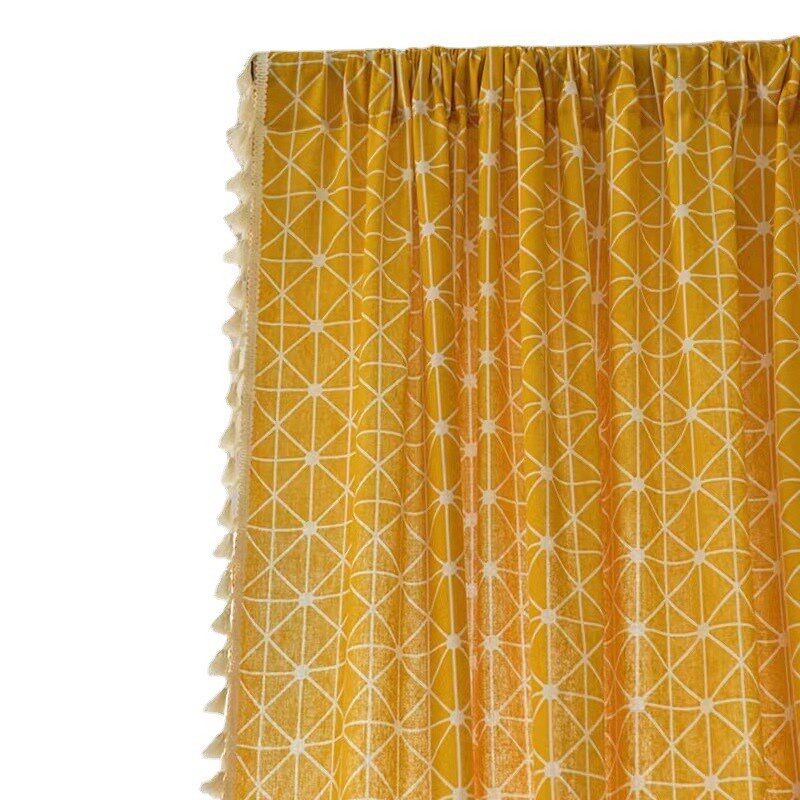 窗帘新款2023森系黄色条纹格子田园风卧室出租房阳台棉麻遮挡帘