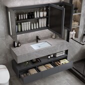 岩板一体盆浴室柜组合双层挂墙式 轻奢实木洗脸陶瓷盆柜 酒店款