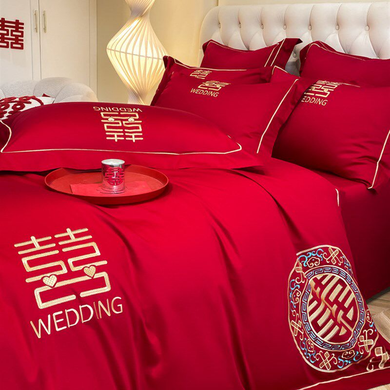 四件套红色100支公主风长绒棉结婚床单婚庆陪嫁床上用品4