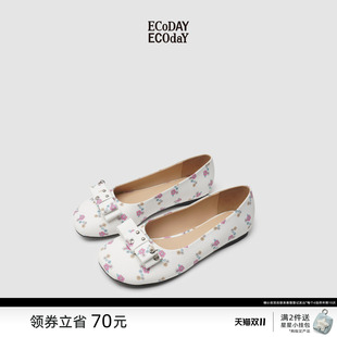ECODAY蝴蝶结芭蕾鞋白色碎花平底鞋浅口鞋子女鞋单鞋舒适休闲圆头