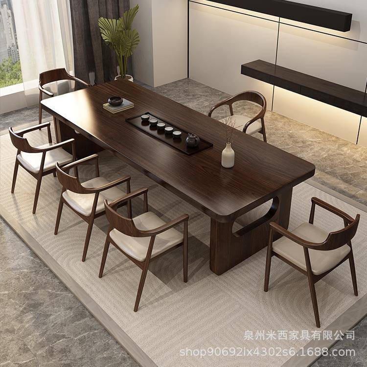 FKC新式实木茶桌木办公中实大板泡茶桌椅室组合一桌五椅茶楼茶室