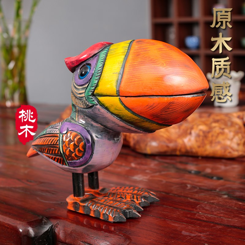 山桃木中式家f居装饰品实木手工雕刻彩绘鸟创意招财玄关客厅摆件