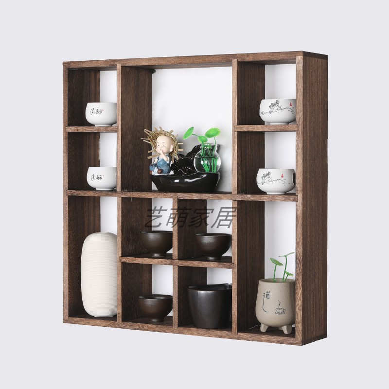 实木博古架多宝阁中式现代简约挂墙茶架壁挂式S置物架墙上壁挂墙