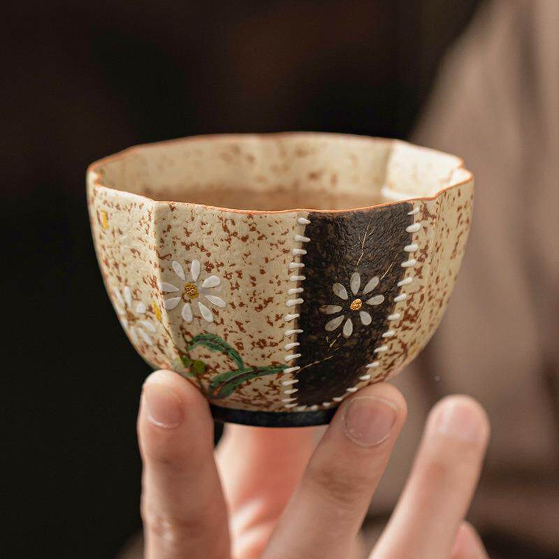 家仿古茶杯青花25JS03-1主小火石红人杯描金手绘雏菊莲瓣杯用大容