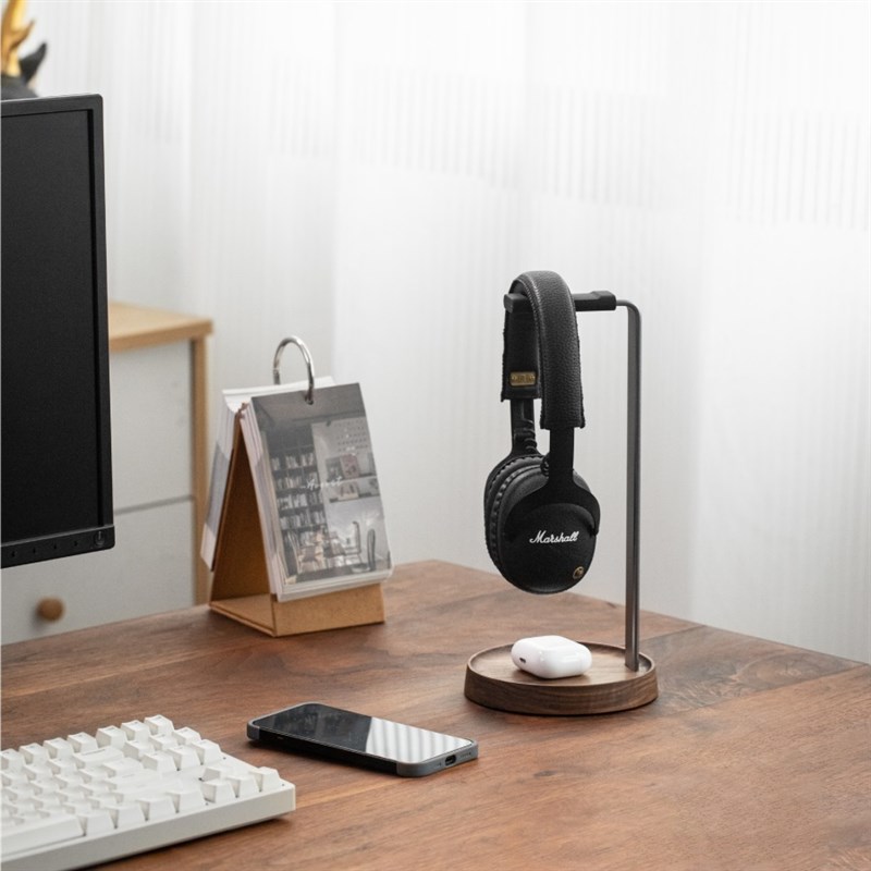 黑胡桃木头戴式耳机支架托电竞桌面实木J铝合金挂耳机架收纳展示