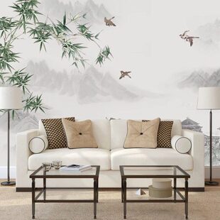 新中式花鸟富贵壁画水墨山水竹子书房卧室壁纸客厅花鸟背景墙墙布