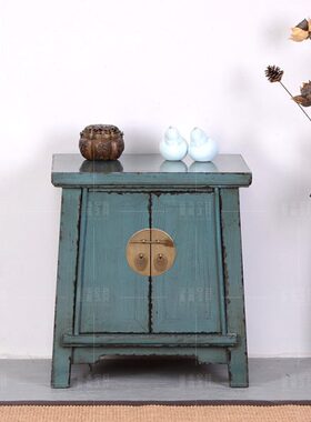 新中式家具复古床头柜全实木仿古做旧蓝色储物柜矮柜边柜榆木定制
